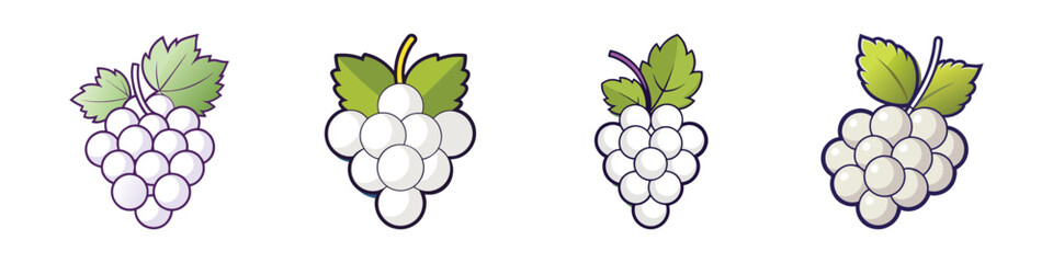Four variations of cartoon white grapes with leaves on a white background