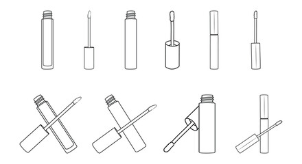 Lip Gloss Tube Vector Collection - Beauty Product with Applicators in Outline Design.