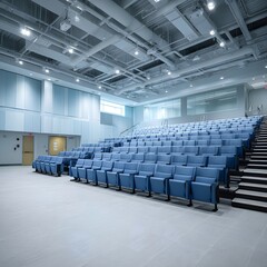 Modern Lecture Hall with Tiered Sections of Blue Seats, Providing Comfortable and Spacious Learning Areas