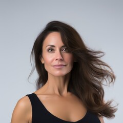 A woman with long, dark brown hair, wearing a black tank top, standing against a light gray background with her hair blowing in the wind.