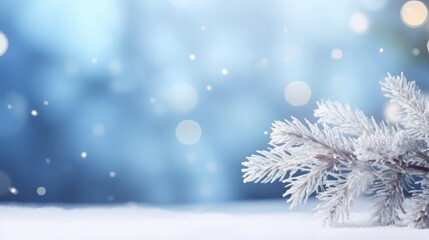A snow-covered branch with frost on it, against a blue and white background with snowflakes falling.