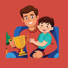 Father and son celebrate success, holding trophy in heart warming illustration