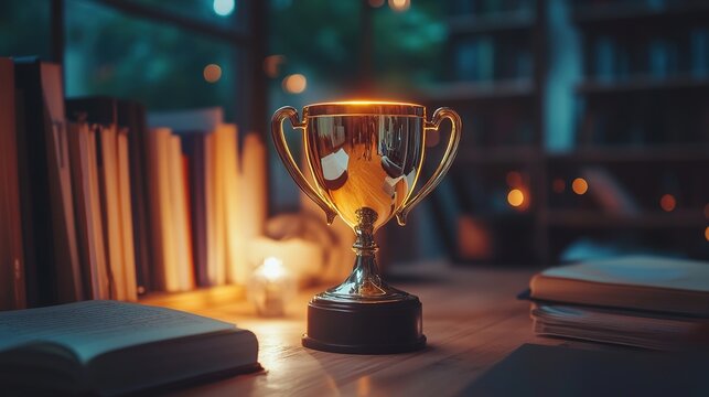A glowing trophy on a study desk, symbolizing academic achievement.