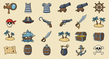 Cartoon Pirate Themed Icons Spyglass Clothing Skull Hat Hook Island Ship Sword Map Barrels