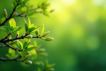 Soft light illuminating budding branches and fresh green leaves, organic, serene