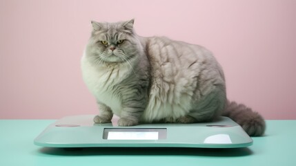 A fluffy gray cat sits on a digital scale, with a pink background.