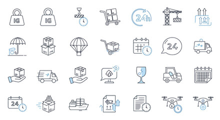 Logistics and Delivery Icons Weight Crane Umbrella Boxes Truck Ship