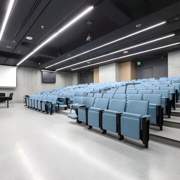 Innovative Modern Lecture Hall Featuring Tiered Blue Seating Ergonomic Design And Cutting-Edge AV Technology Implementation