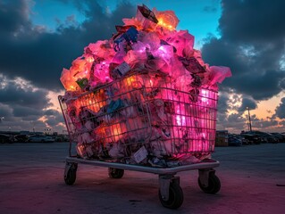 A shopping cart overflowing with colorful plastic waste against a dramatic sky, highlighting the issue of pollution and environmental neglect.