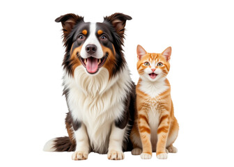Obraz premium Happy dog and orange cat sitting together isolated on transparent background. Pet, animal, friendship.