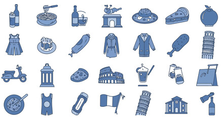 Assortment of BlueToned Illustrations Depicting Everyday Objects and Food