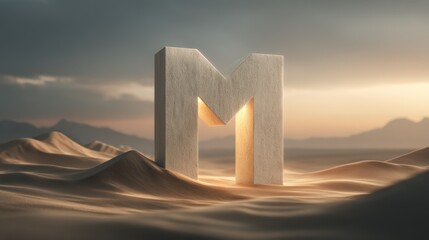 Illuminated Stone Letter M in Desert Landscape at Sunset