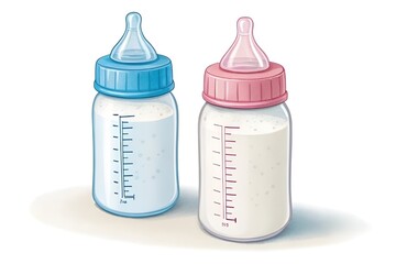 Cartoon Baby Bottles with Blue and Pink Caps on White Background