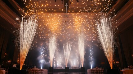 Spectacular indoor fireworks display illuminating a celebratory event