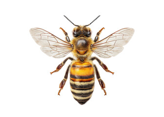 Honey bee with spread wings, top view, full body, isolated on transparent background, pollination nature insect.