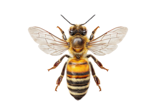 Honey bee with spread wings, top view, full body, isolated on transparent background, pollination nature insect.