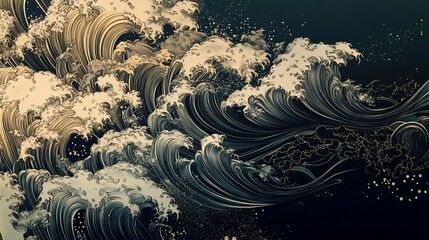 Dramatic Ocean Waves in Monochrome Japanese Art Style Illustration