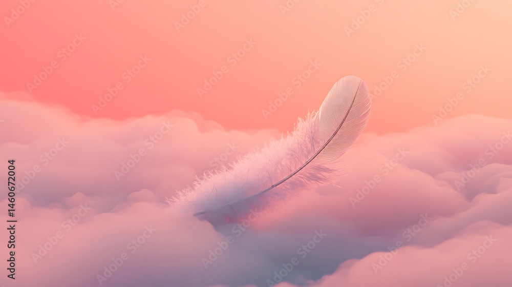 Poster ethereal feather floating above a soft cloudscape in pastel colors