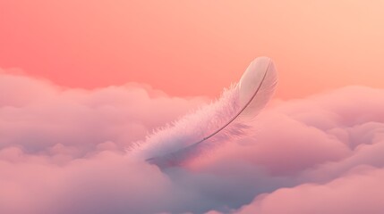 Ethereal feather floating above a soft cloudscape in pastel colors