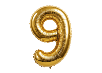 Gold foil balloon number 9 isolated on transparent background, celebration, party, birthday.