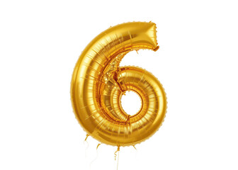 Gold foil balloon number 6 isolated on transparent background for celebration, birthday, anniversary.