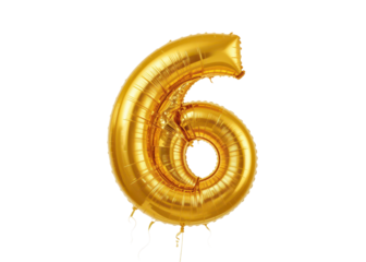 Gold foil balloon number 6 isolated on transparent background for celebration, birthday, anniversary.