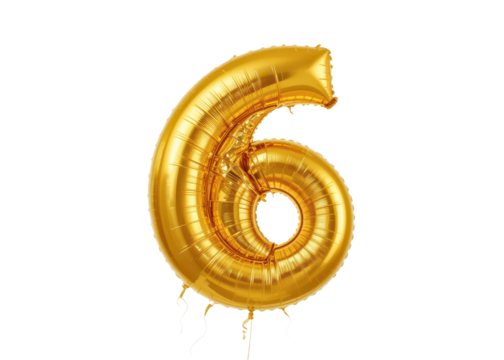 Gold foil balloon number 6 isolated on transparent background for celebration, birthday, anniversary.