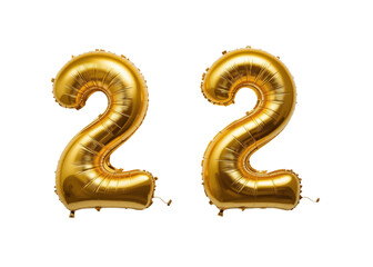 Two golden foil balloons forming the number 22 isolated on transparent background, anniversary, celebration, party.