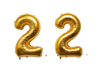 Two golden foil balloons forming the number 22 isolated on transparent background, anniversary, celebration, party.