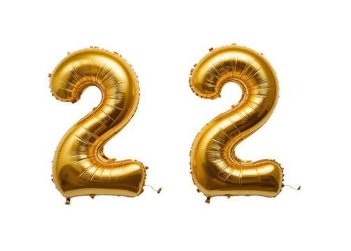 Two golden foil balloons forming the number 22 isolated on transparent background, anniversary, celebration, party.