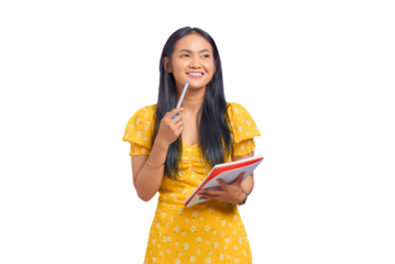 Smiling young Asian woman holding pen and notebook, looking up isolated on transparent background