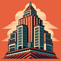 Obraz premium Stylized depiction of a skyscraper set against an orange sky background