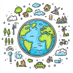 Earth surrounded by various eco-friendly elements  Small hand-drawn illustrations depict sustainable housing, renewable energy, and transportation options  The focus is on a balanced environment
