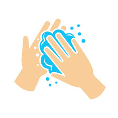 Obraz premium Hand Washing Icon – Flat Vector Illustration of Hands with Soap and Bubbles for Hygiene and Safety