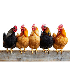 Fototapeta premium Five Chickens Standing on Wooden Plank Isolated on Transparent Background
