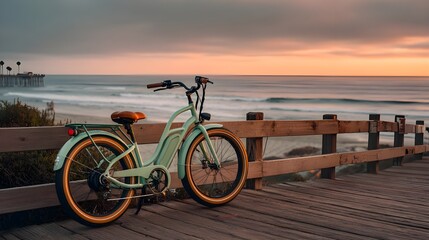 Fototapeta premium Green Electric Bike Parked on Boardwalk for Sustainable Transportation and Urban Lifestyle Inspiration