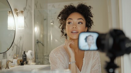 A beauty influencer recording a skincare routine video in a well-lit bathroom.