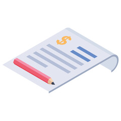 Isometric Illustration of Invoice with Pencil Finance, Payment, Accounting, Budget, Business