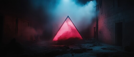 Illuminated pyramid in a foggy urban setting, surrounded by dimly lit buildings and atmospheric lighting.
