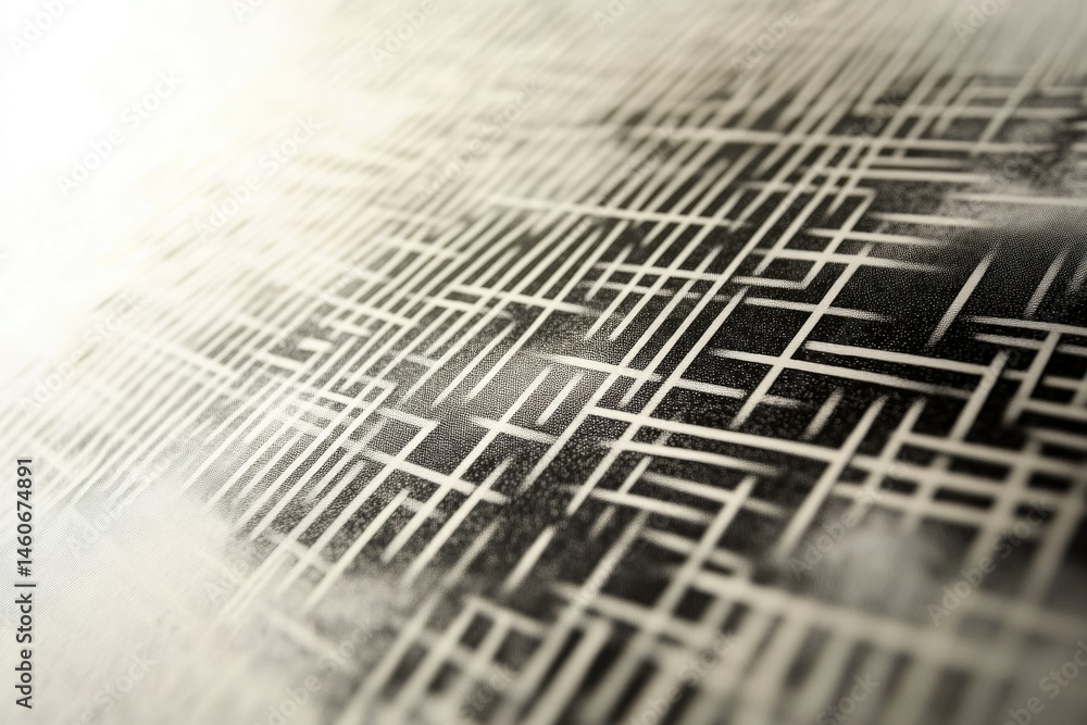 Poster abstract grid pattern, possibly a city map, rendered in black and white with a textured effect.