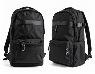 Fototapeta premium Two Black Backpacks Front And Side View On White Background