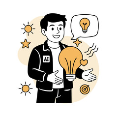 Vector illustration of a smiling man holding a glowing light bulb, symbolizing positive thinking, new ideas, and mental clarity in a wellness and psychology concept.