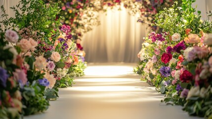 A runway with beautiful floral arrangements flanking the sides for a spring fashion show.