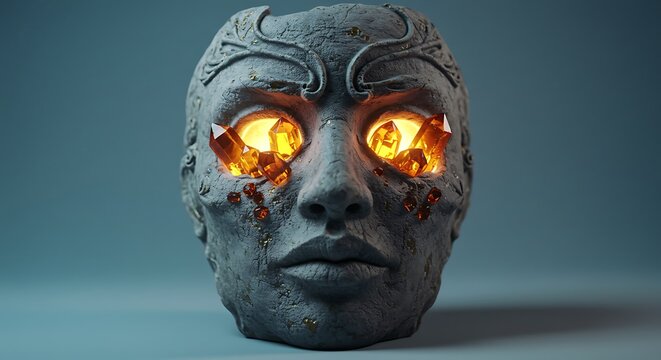 Stone Mask Glowing with Crystals Closeup on Plain Background