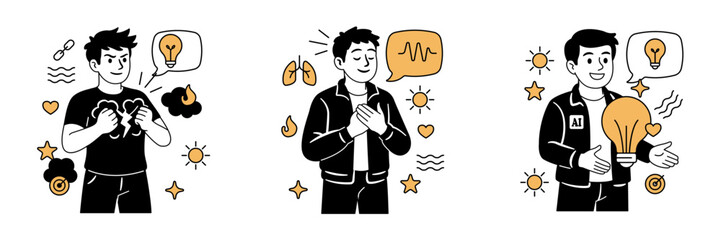 Vector illustration set of men expressing mental health concepts, breaking negative thoughts, deep breathing for calm, and holding a light bulb to symbolize positive ideas.