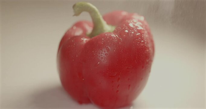 Fresh Red Bell Pepper Being Washed under a Stream of Water