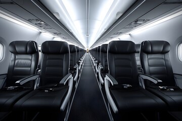 Obraz premium Minimalist airplane interior with neat rows of seats showcasing a modern travel design