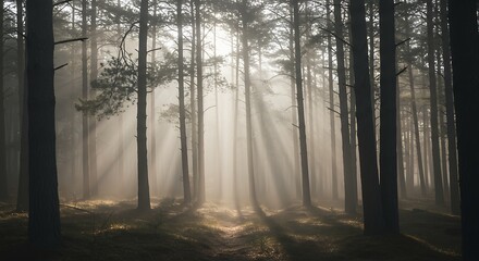 Sun Rays Through Forest Trees on Misty Morning