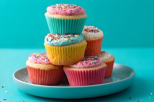 Stack of colorful cupcakes with sprinkles set in a playful, delicious display