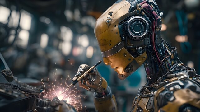 Robot technician repairing an android with welding tools in a futuristic tech workshop